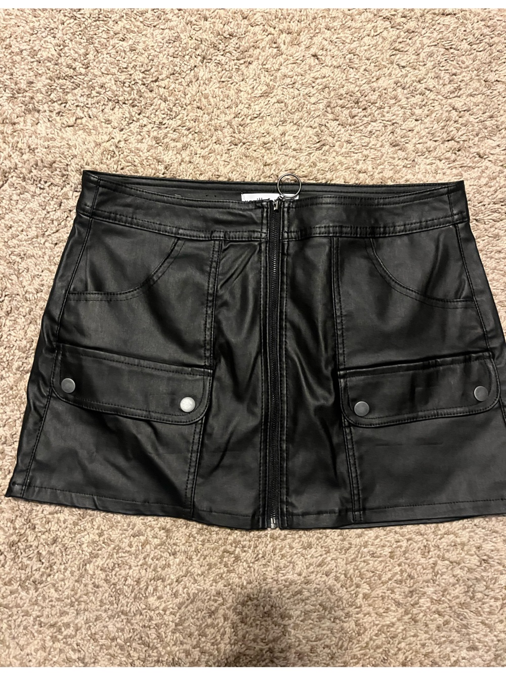 Vanilla Star Black Faux Leather Front-Zip Mini Skirt
